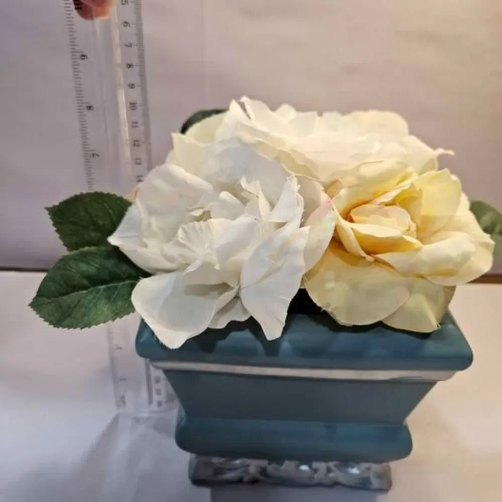 Artificial Rose Flower Arrangement in Teal Vase